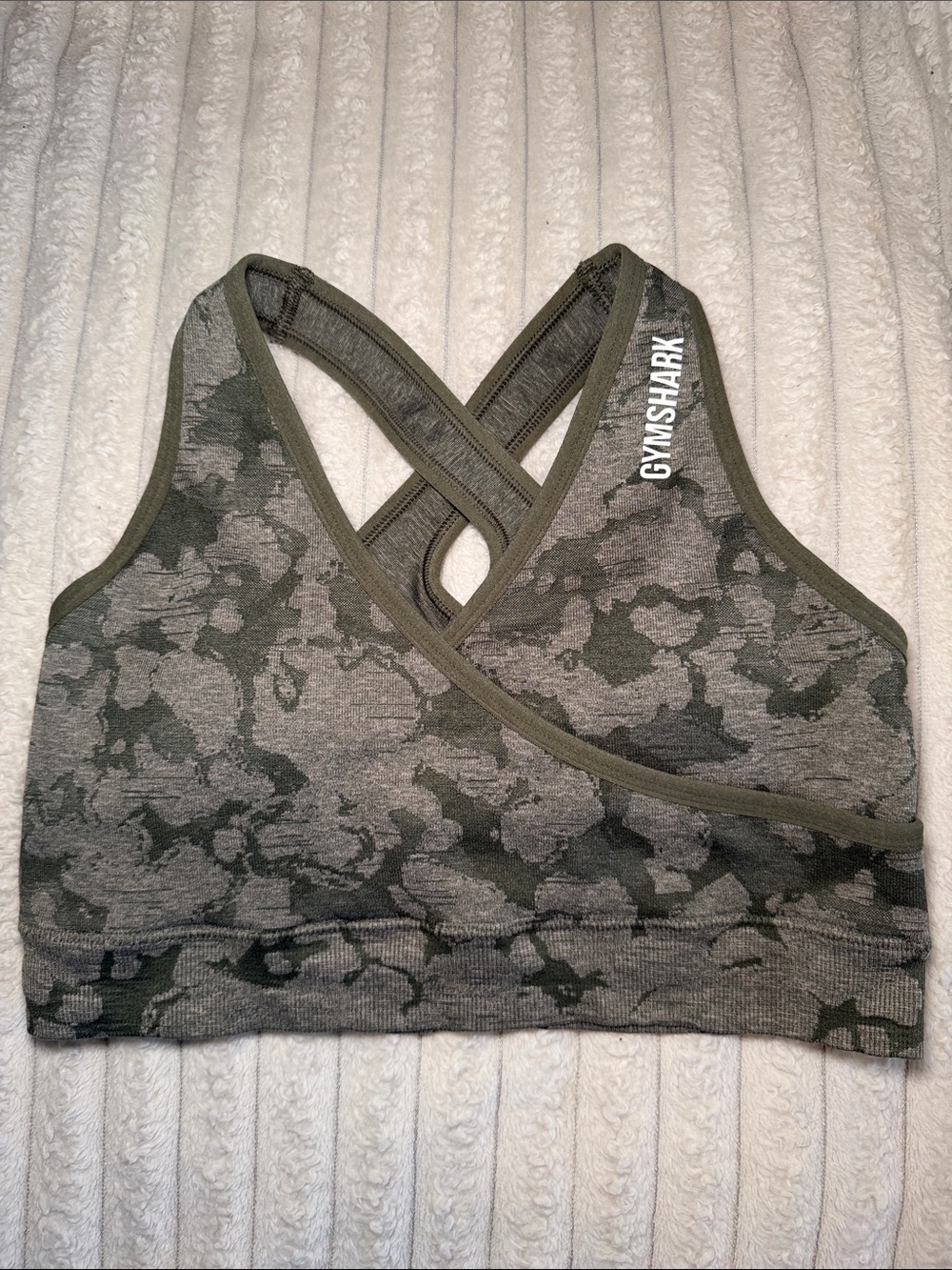 Gymshark Olive Camo Cross-Back Seamless Sports Bra